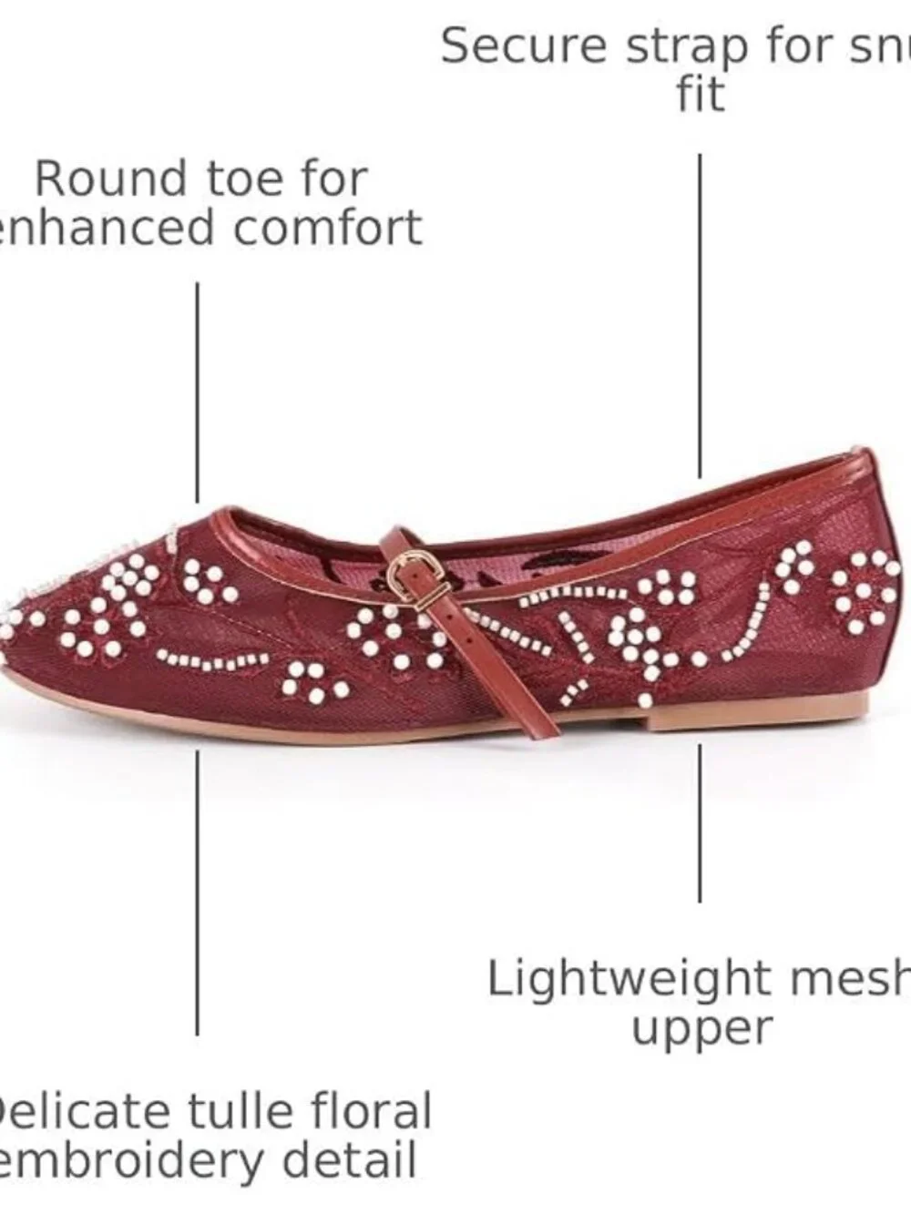 Women's Red Floral Mesh Ballet Flats Strap Round Toe Slip On Dressy Shoes